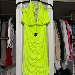 Fashion Nova Yellow Ruched Halter Bodycon Dress